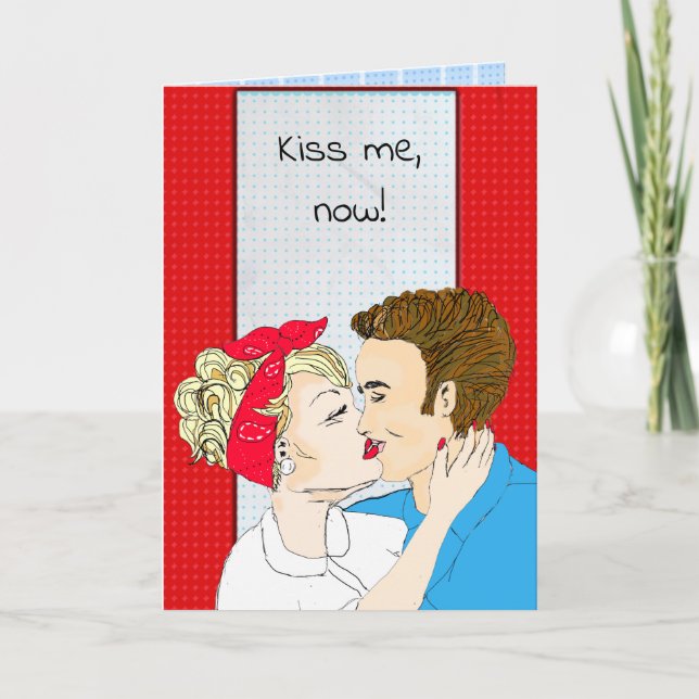 Cartão Hand drawn Retro Art Couple's Kiss Me (Frente)