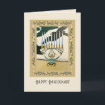 Cartão Hanukkah 2 com menorah/ fronteira ornamenta<br><div class="desc">Esta é uma foto da minha própria menorah com uma pintura minha no fundo. Eu pintei e gravei uma fronteira ornamentado para honrar as tradições artísticas das tradições clássicas do artesanato. Essa é uma versão modernizada de um conjunto histórico de motivos. Personalize-o e envie-o com amor à sua família e...</div>