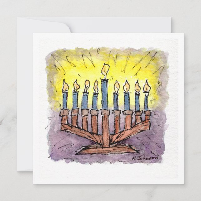 Cartão Hanukkah de Aquarela Menorah (Frente)