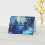 Cartão HANUKKAH de Feriado PEALOVE E MIRACLES<br><div class="desc">PEACE AMVE AND MIRACLES Cartões de natal Card with Stars of David, Menorah and Blue Watercolor (Estrelas de David, Menorah e padrão de Blue Watercolor) - Boasting inegável estilo clássico, este Cartão Hanukkah único é perfeito para trazer sorriso nos rostos de seus amigos e familiares durante a temporada de Férias!!...</div>