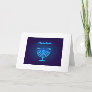 Cartão Hanukkah Festival Menorah Blue Neon Lights Símbolo