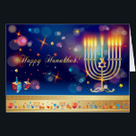 Cartão Hanukkah Lights Festival Holiday Menorah<br><div class="desc">Feliz Hanukkah Belo Festival de Férias Judaicas de Cartão de Saudação das Luzes. Antecedentes judaicos Holiday Hanukkah com símbolos tradicionais Chanukah - sonhos de madeira de hanukkiah dourados (topo giratório), rosquinhas, menorah, velas, estrela de David e luzes brilhantes, padrão de wallpaper brilha. Decoração do Festival Chanucá. Jerusalém, Israel. Convites e...</div>