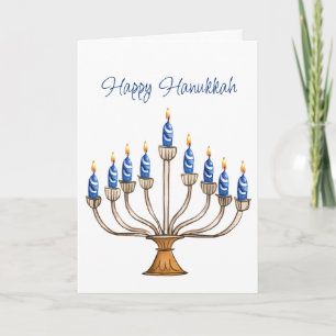 Cartão Hanukkah Menorah com Velas Azuis e Brancas Queiman