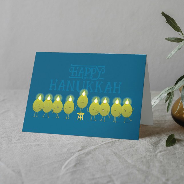 Cartão Hanukkah Menorah Olives, Teal Blue Dobrado Group (Criador carregado)