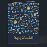 Cartão Hanukkah Personalizou Menorah Dreidel<br><div class="desc">Nosso Cartão Personalizado Menorah Dreidel de Hanukkah inclui menorahs, sonhos, jarras de azeite, rosquinhas de geleia e muito mais. Além disso, as palavras no padrão podem ser personalizadas com sua própria mensagem! Personalize com sua mensagem na parte inferior também e faça deste cartão Chanukah o seu. Aprecie seu destinatário sortudo...</div>
