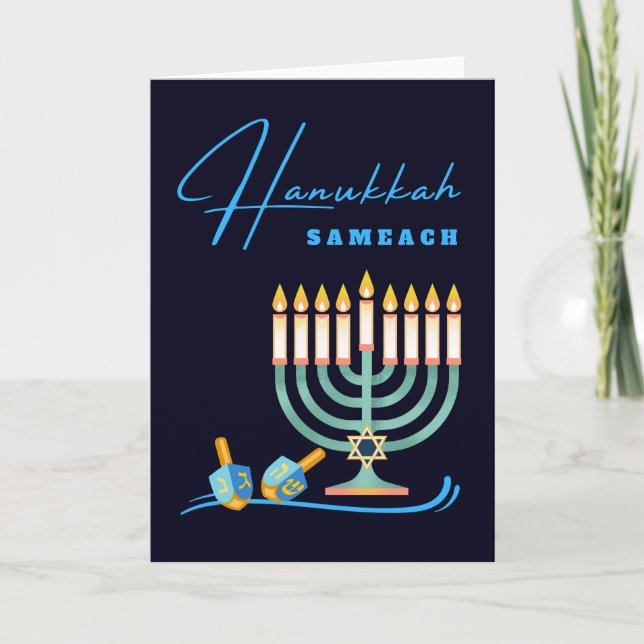 Cartão Hanukkah Sameach Menorah e Dreidels (Frente)