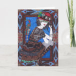 Cartão Happiest Birthday Card - SF 09<br><div class="desc">Steampunk Woman with black,  grey,  brown dress with green trim. Red and green bird. Red hat with green feathers. Blue,  brown,  black background.</div>