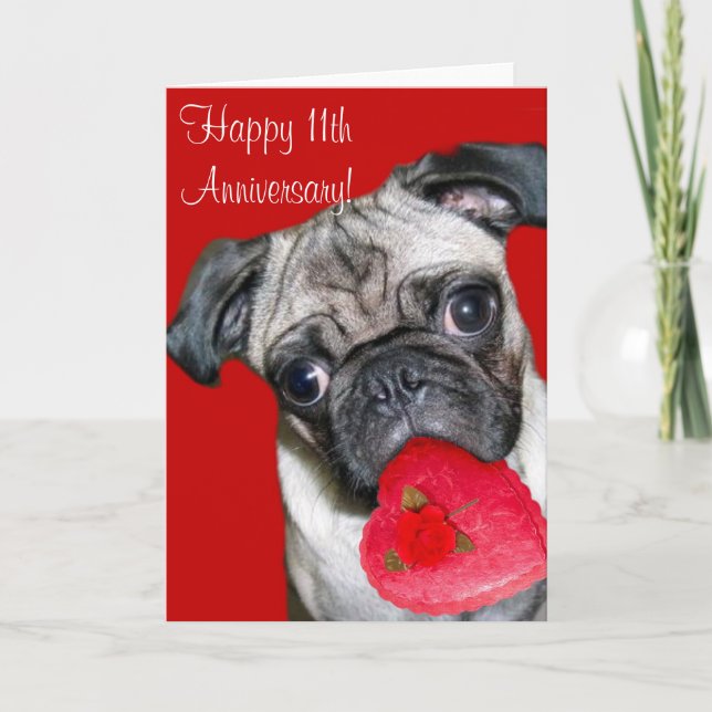 Cartão Happy 11th Anniversary pug greeting card (Frente)