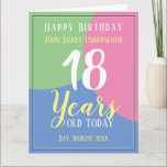 Cartão Happy 18th Birthday<br><div class="desc">Celebrate a birthday with a personalised card showing recipient's name,  number of years,  and date. Add a message inside too. Birthday card for 18 year old. Happy 18th Birthday.</div>