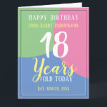 Cartão Happy 18th Birthday<br><div class="desc">Celebrate a birthday with a personalised card showing recipient's name, number of years, and date. Add a message inside too. Birthday card for 18 year old. Happy 18th Birthday.</div>