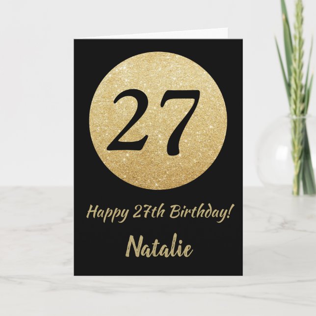 Cartão Happy 27th Birthday Black and Gold Glitter Card (Frente)