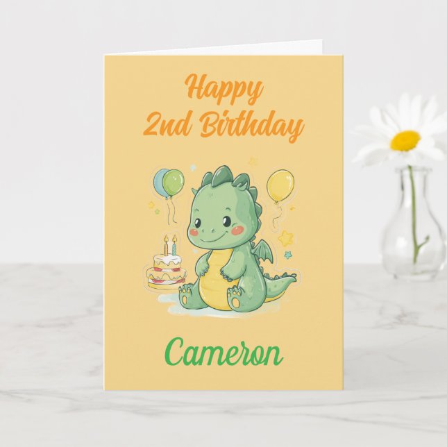 Cartão Happy 2nd Birthday, Unisex, Personalized Dragon (Planta pequena)