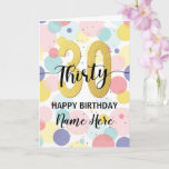 Cartão Happy 30th Birthday Pastel Rainbow Gold Woman<br><div class="desc">Fun,  cheerful,  elegant and colourful design birthday card. 
Firework in bright rainbow colours. Faux gold big number.
Get this cheerful card to celebrate your friend or family!</div>