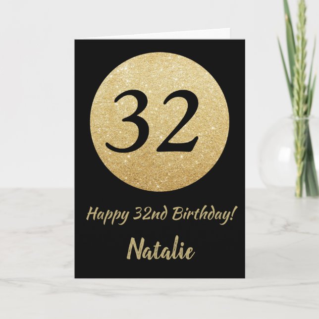 Cartão Happy 32nd Birthday Black and Gold Glitter Card (Frente)