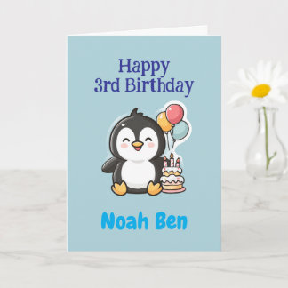 Cartão Happy 3rd Birthday Boy, Penguin, Personalized 