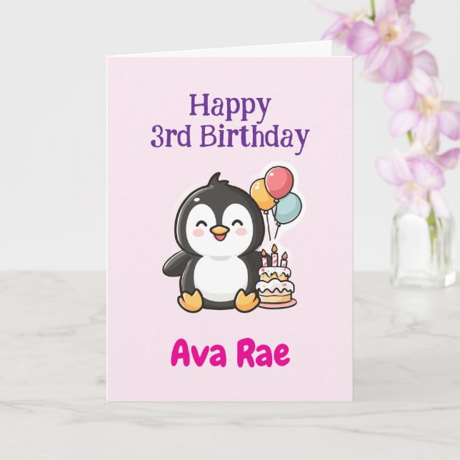 Cartão Happy 3rd Birthday, Cute Penguin, Personalized  (Orquídea)