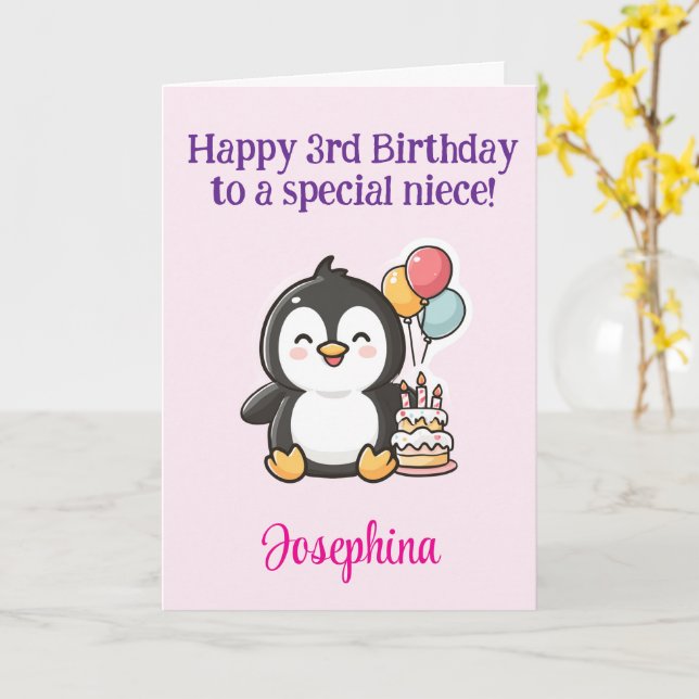 Cartão Happy 3rd Birthday Niece, Penguin, Personalized (Flor Amarela)