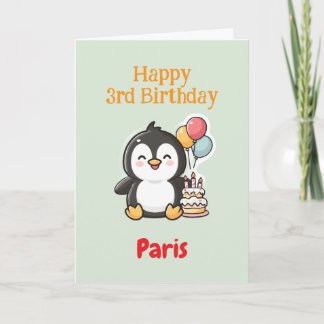 Cartão Happy 3rd Birthday Unisex, Penguin, Personalized 