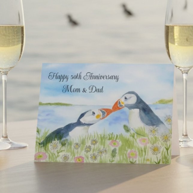 Cartão Happy 50th Anniversary Mom & Dad Puffins  (Criador carregado)