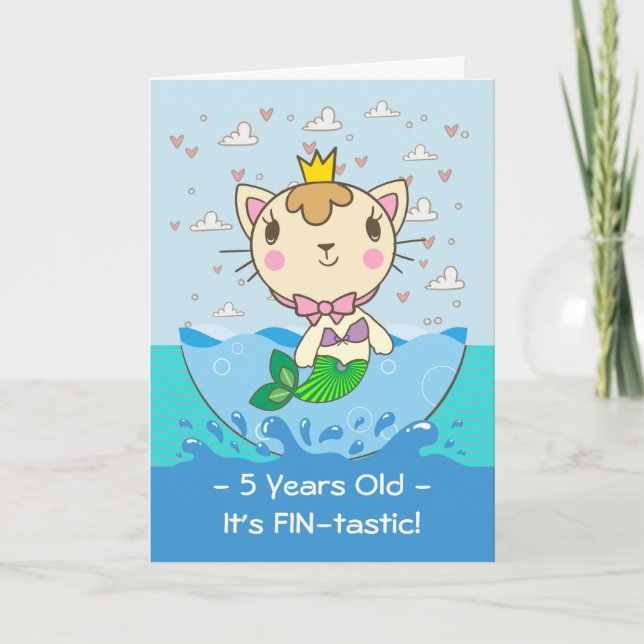 Cartão Happy 5th Birthday for Girl, Purrmaid, Merkitten (Frente)