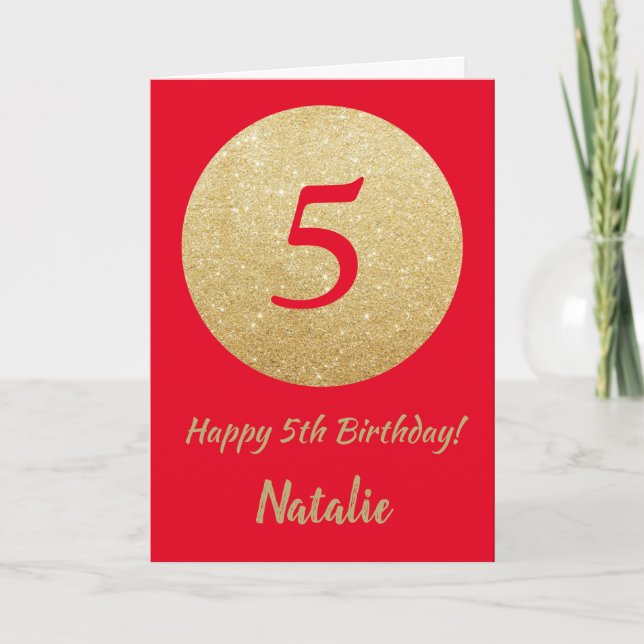 Cartão Happy 5th Birthday Red and Gold Glitter Card (Frente)