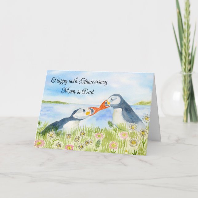Cartão Happy 60th Anniversary Mom & Dad Puffins  (Frente)