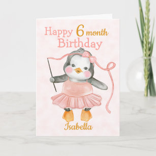 Cartão Happy 6 Month Birthday Penguin Ballerina Pink