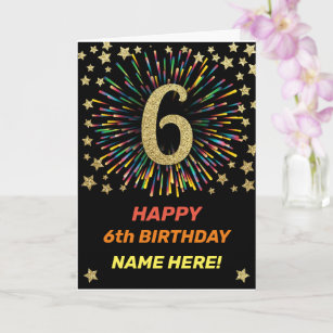 Cartão Happy 6th Birthday Black & Gold Rainbow Firework