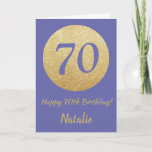 Cartão Happy 70th Birthday and Gold Glitter<br><div class="desc">Happy 70th Birthday and Gold Glitter Card with personalized name. For further customization,  please click the "Customize it" button and use our design tool to modify this template.</div>