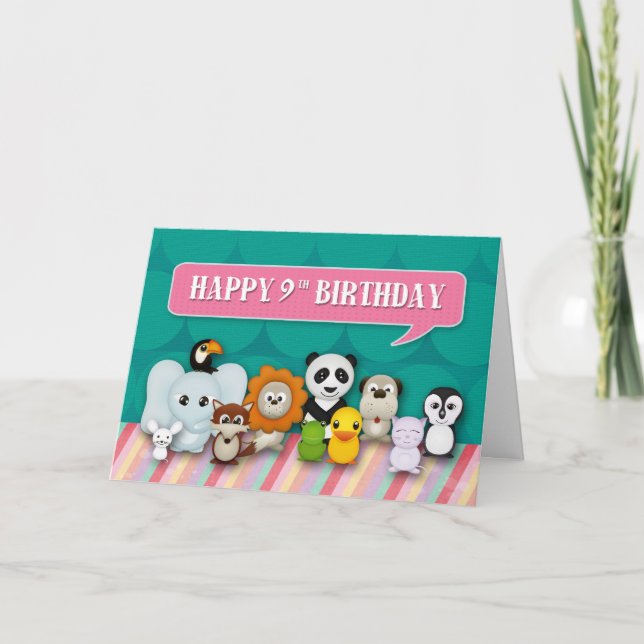 Cartão Happy 9th Birthday Girly Cute Smiling Animals (Frente)