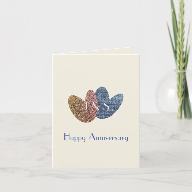 Cartão Happy Anniversary Cute Denim Hearts (Frente)