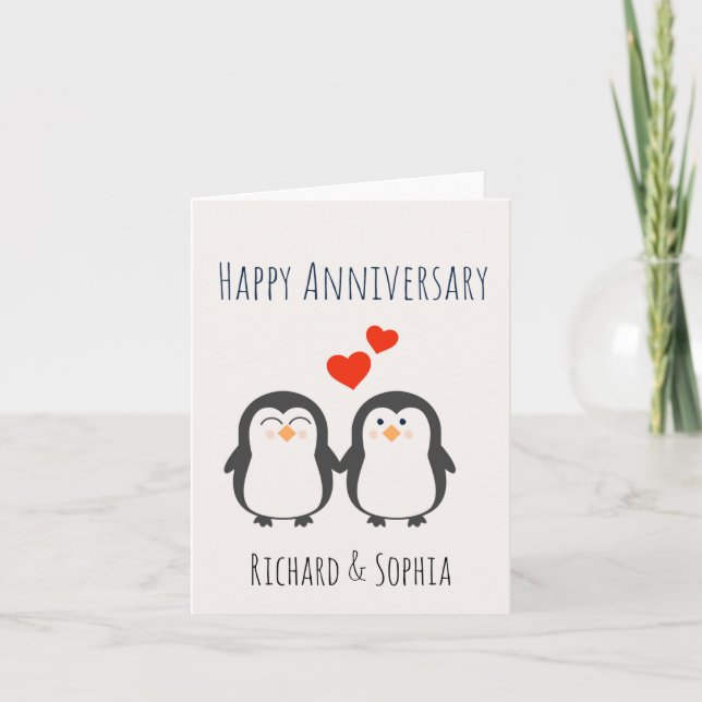 Cartão Happy Anniversary- Cute Penguin Couple Card (Frente)