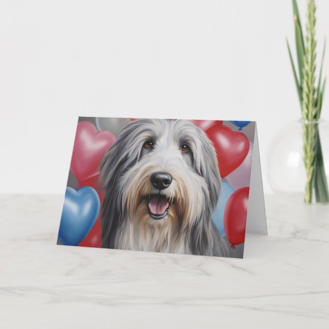 Cartão Happy Bearded Collie with Balloons Valentine's Day (Frente)