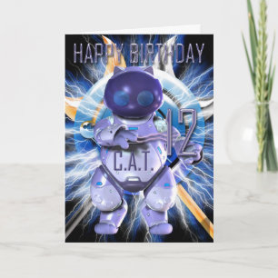 Cartão Happy Birthday 12th, Robot Cat, Techno Modern