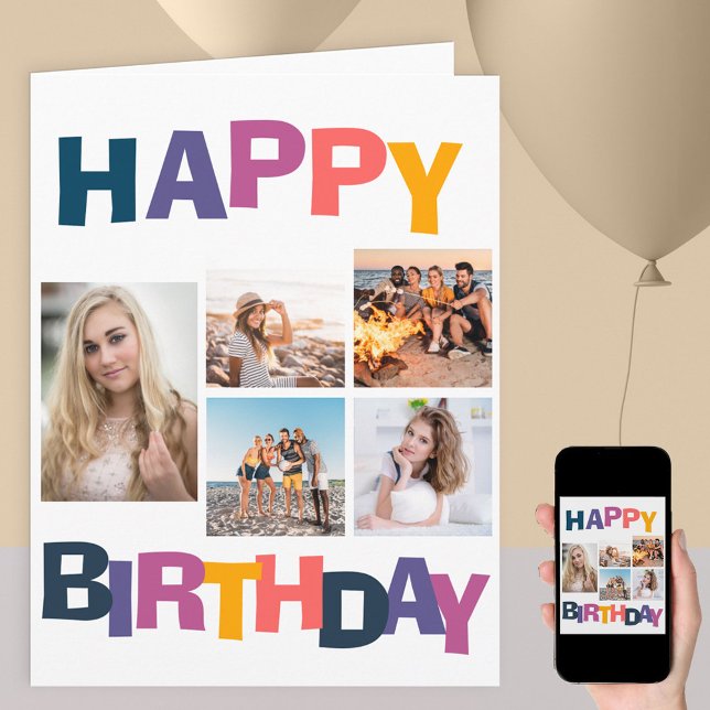 Cartão Happy Birthday 5 Photo Collage Colorful (Criador carregado)
