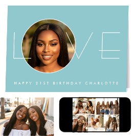 Cartão Happy Birthday 7 Photo Collage Love Elegant Blue