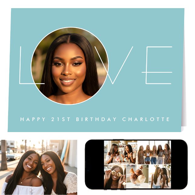 Cartão Happy Birthday 7 Photo Collage Love Elegant Blue (Criador carregado)