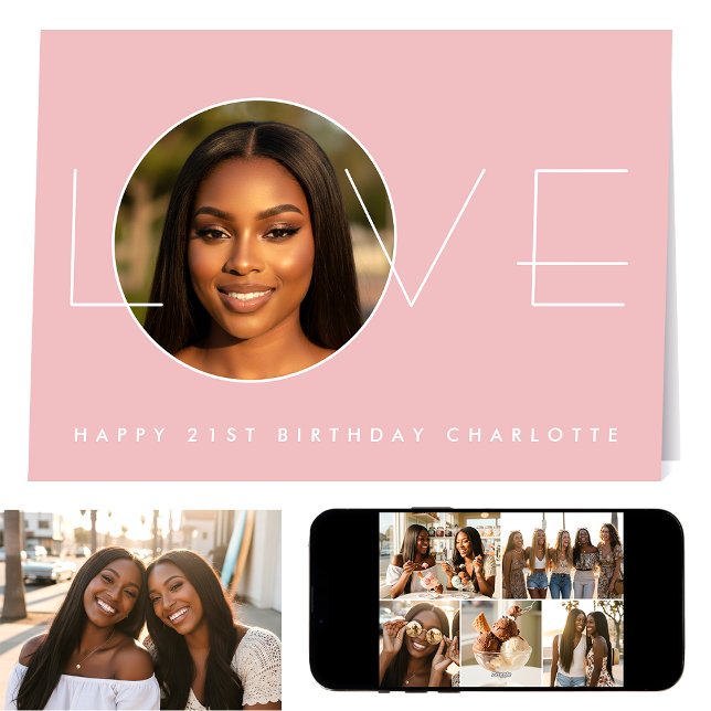 Cartão Happy Birthday 7 Photo Love Elegant Blush Pink (Criador carregado)