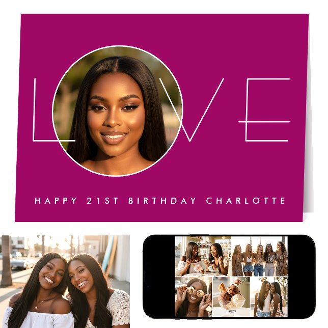 Cartão Happy Birthday 7 Photo Love Elegant Dark Pink (Criador carregado)