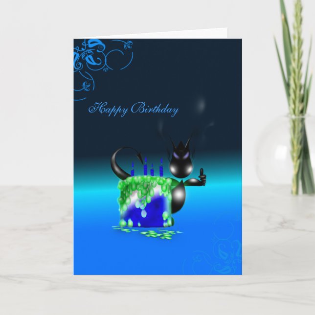 Cartão Happy Birthday Baby Dragon Birthday Cake Blue Card (Frente)