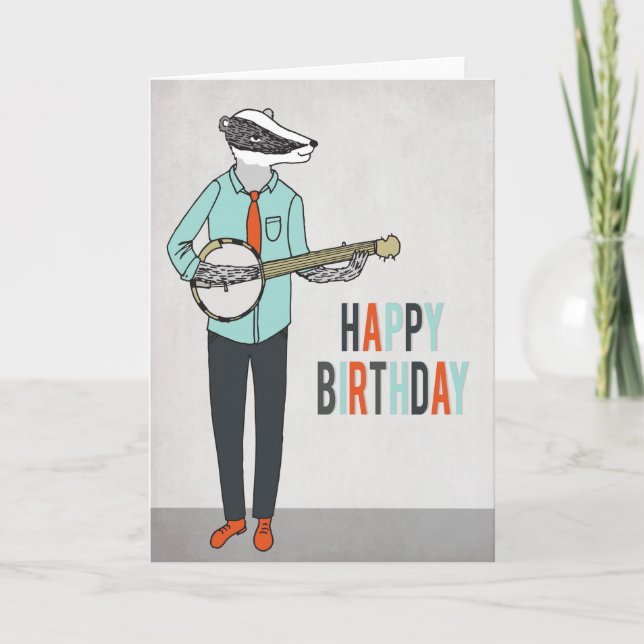 Cartão Happy Birthday - Badger playing Banjo Greeting Car (Frente)