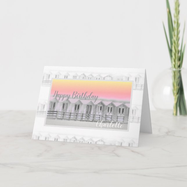 Cartão Happy Birthday beach hut at sunset card (Frente)