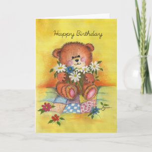 Cartão Happy Birthday bear with daisies.
