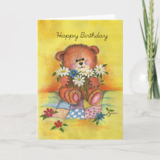 Cartão Happy Birthday bear with daisies.