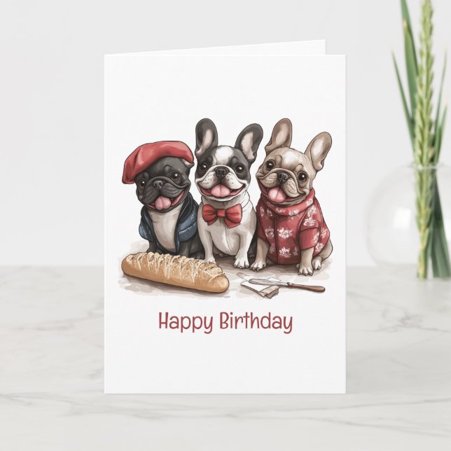Cartão Happy Birthday Bonjour French Bulldogs (Frente)
