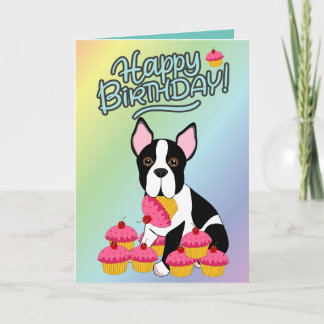 Cartão Happy Birthday! Boston Terrier Cupcakes Card