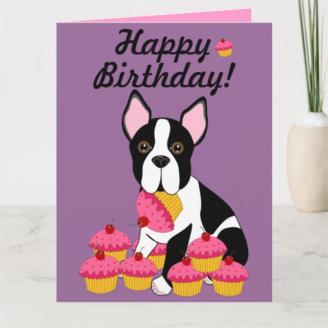 Cartão Happy Birthday! Boston Terrier Cupcakes Card (Frente)
