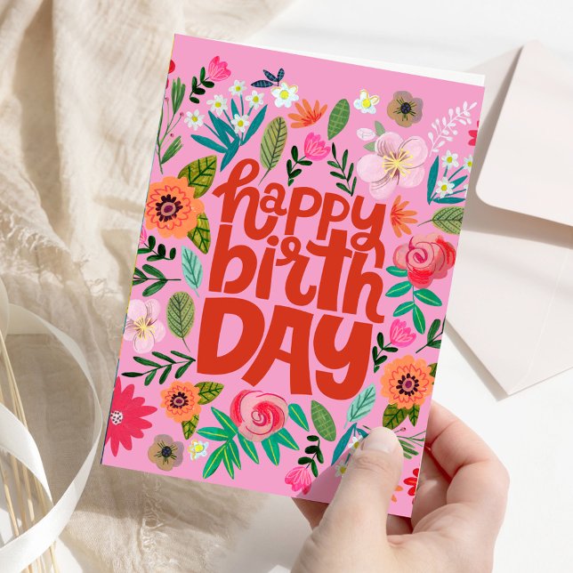 Cartão Happy Birthday Bright Floral Pink Garden Card (Happy Birthday Bright Floral Pink Garden Card)