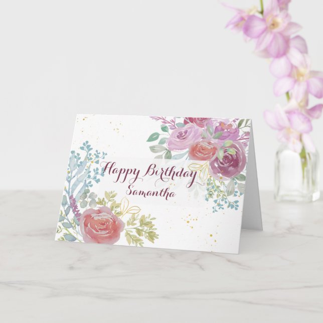 Cartão Happy Birthday Burgundy floral Watercolor (Orquídea)