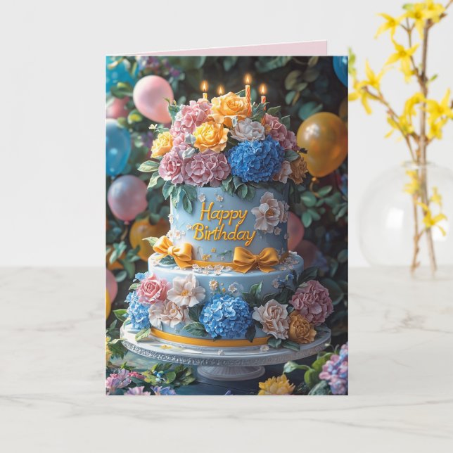 Cartão Happy Birthday Cake Candles Pretty Flowers Bows (Flor Amarela)